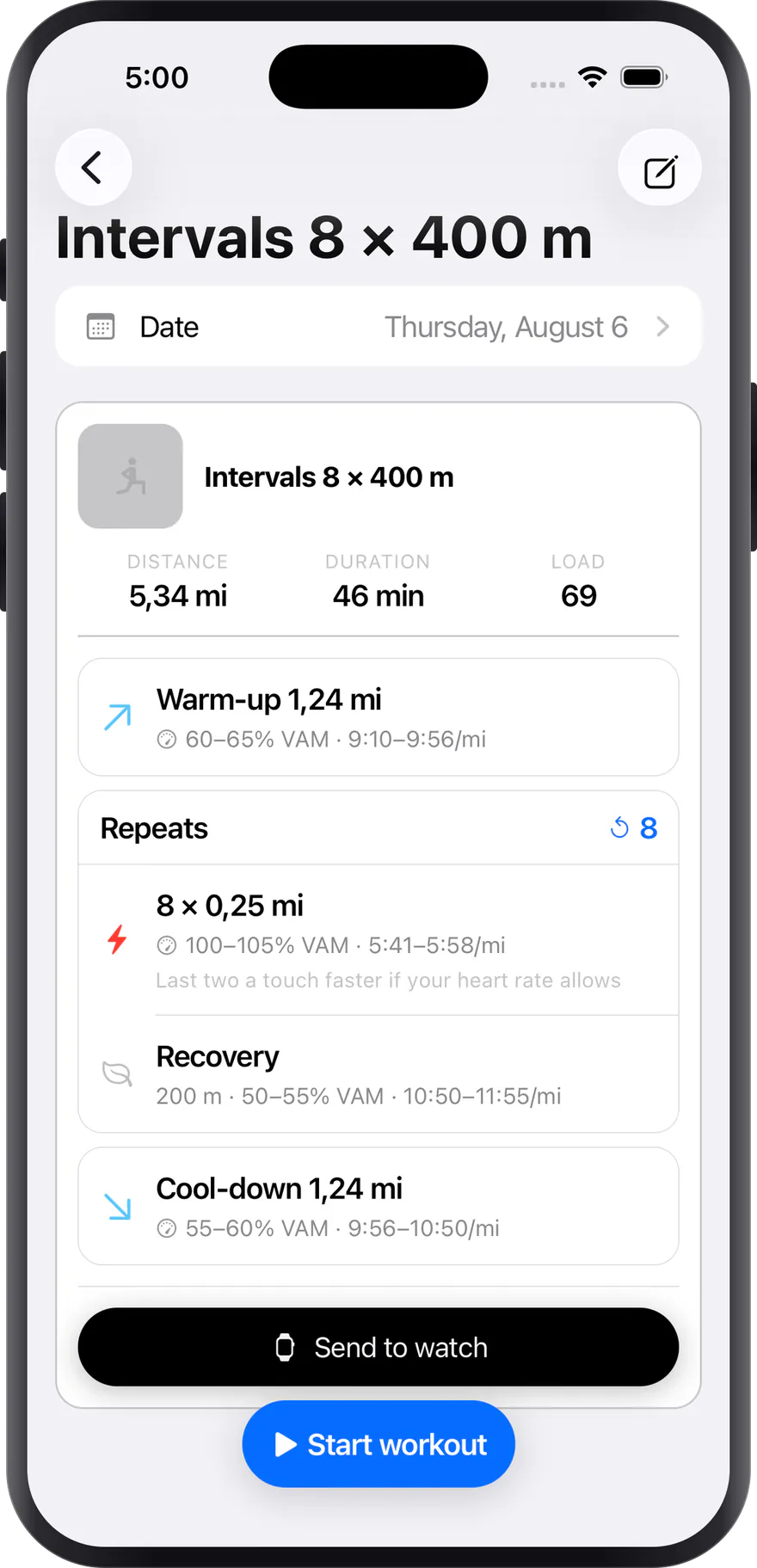 An 8 × 400 m interval session with the target pace of each leg and the send-to-watch button.