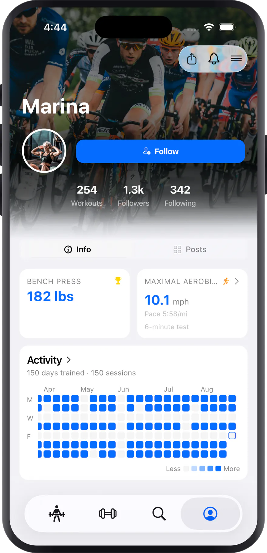 A public profile with personal records, the map of days trained and the follower counts.