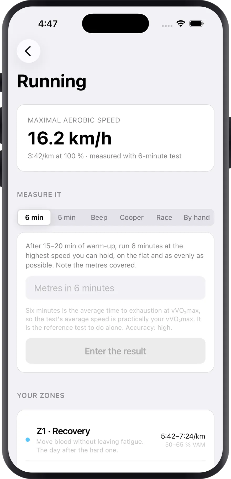 Running screen with the measured maximal aerobic speed and the test protocol picker.